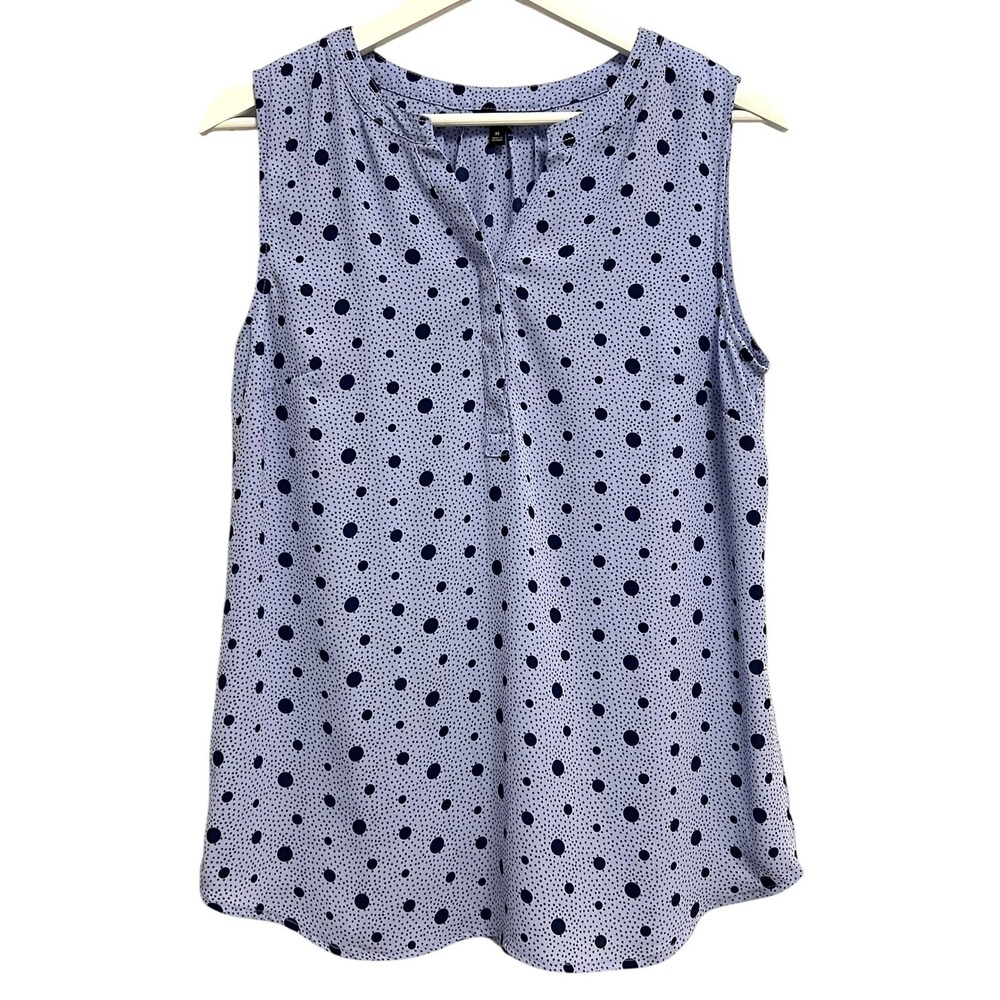 Talbots Polka Dot Blouse Womens Medium Blue Navy Sleeveless Split Neck Top - Picture 1 of 7
